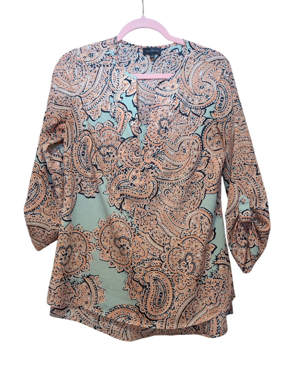 The Limited Mint Green And Orange Lightweight Paisley Blouse 3/4 Sleeve Sz S